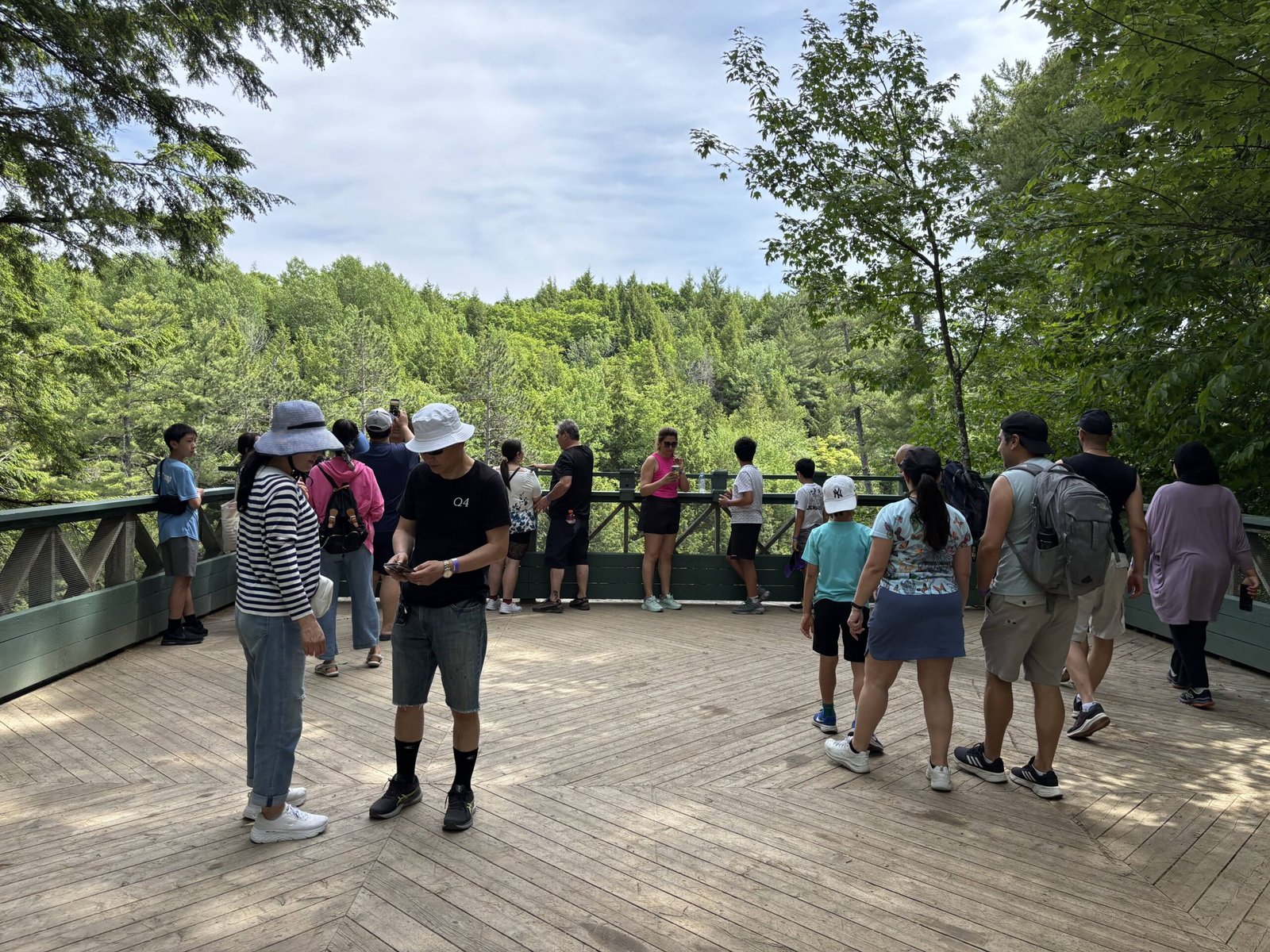 Group of visitors gathered at a lookout deck in Parc des Chutes Dorwin.