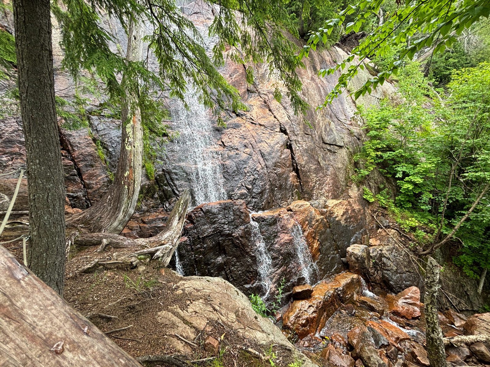 Tall waterfall flowing down a rocky cliff face surrounded by trees on the Les Ruisseaux Loop in Mont-Tremblant.