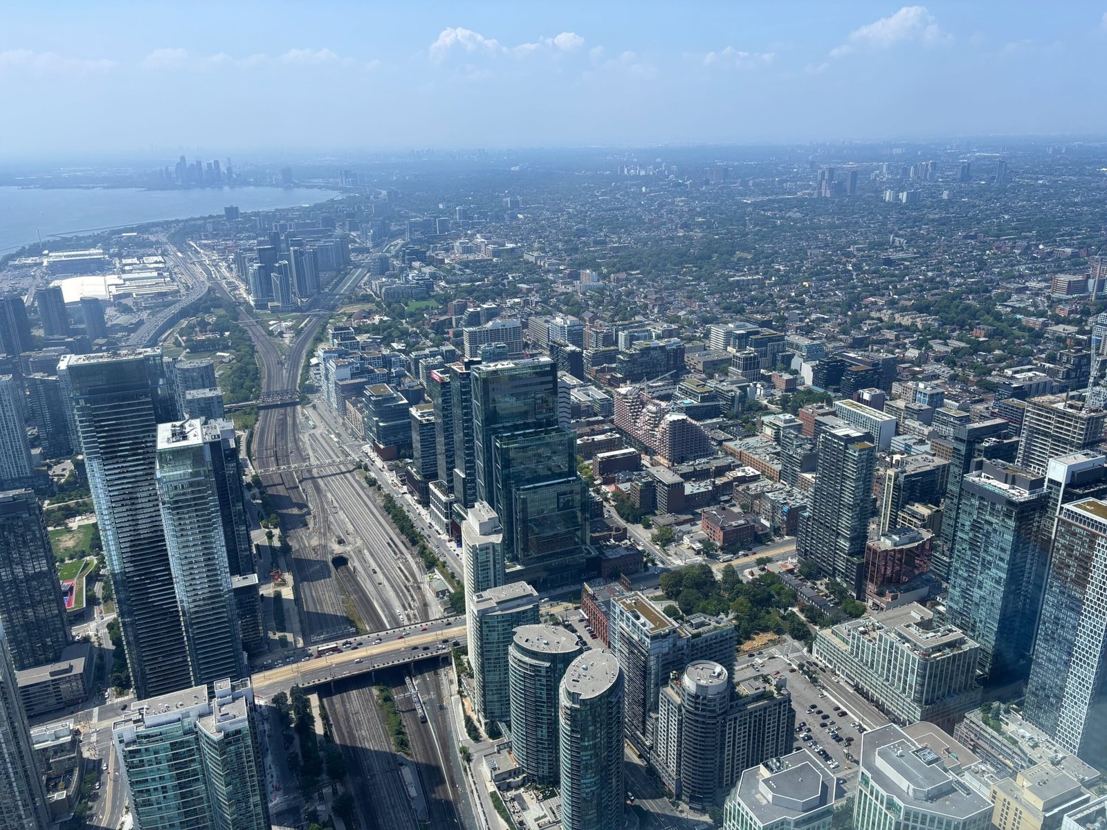 Aerial view of Toronto’s waterfront and skyline seen from the CN Tower.
