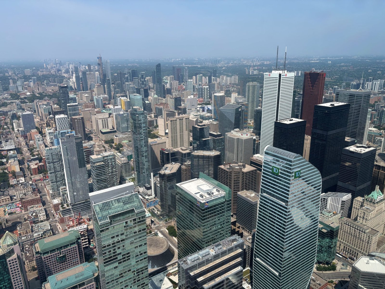 Toronto’s downtown skyscrapers viewed from the CN Tower observation deck.