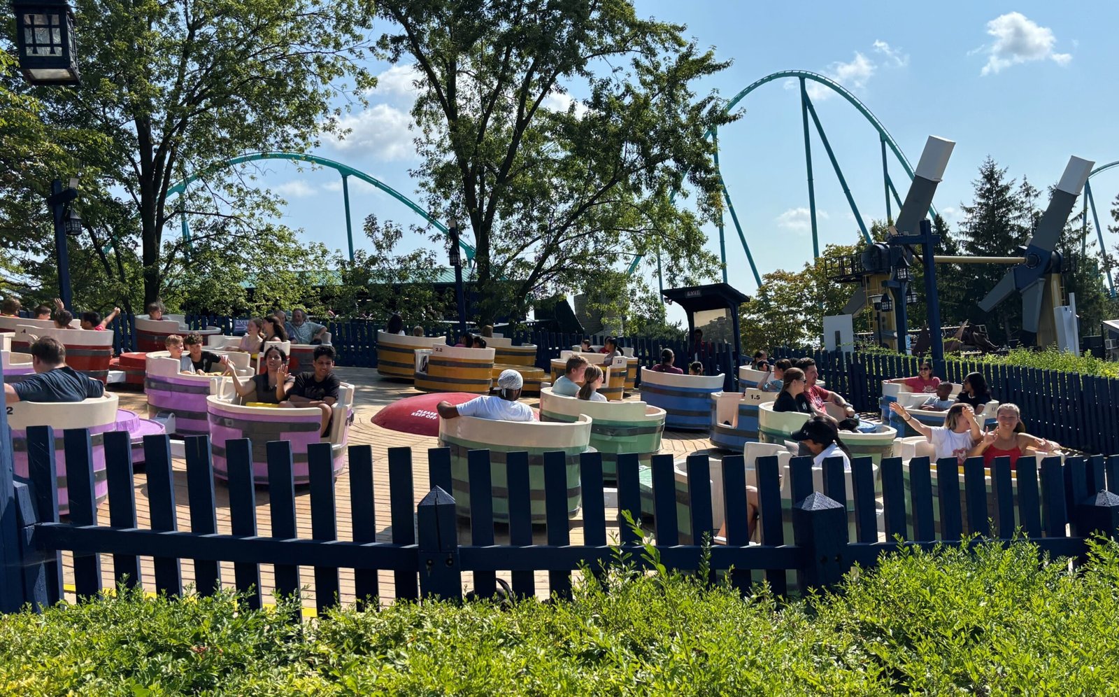 Guests riding the colourful spinning teacups attraction at Canada’s Wonderland.