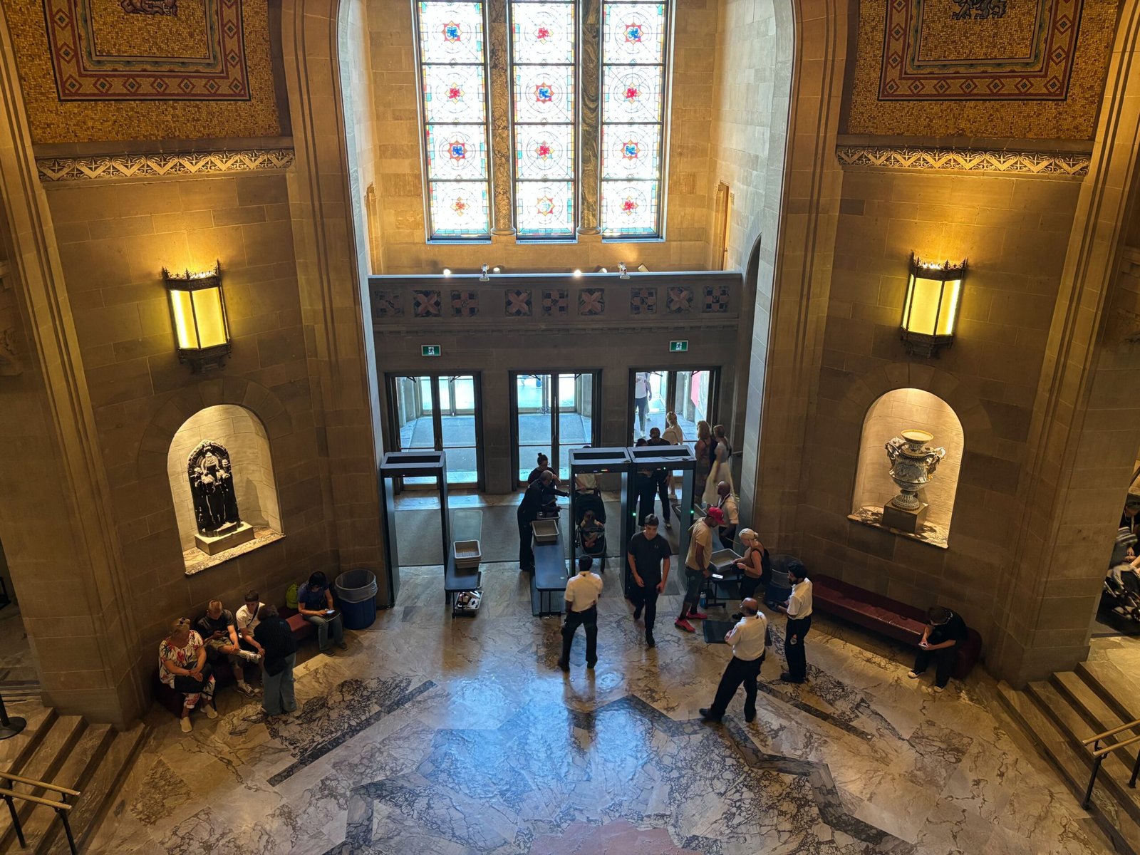 View of the Royal Ontario Museum’s main entrance hall with stained glass windows.