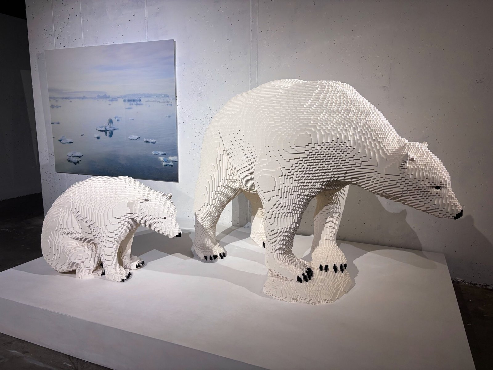 Realistic LEGO sculptures of polar bears showcased at Montreal’s Art of the Brick Expo, capturing wildlife through intricate brick modeling.