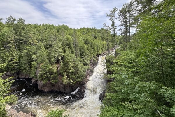 Aerial view of Dorwin Falls waterfall flowing through a tree-covered canyon in Quebec.