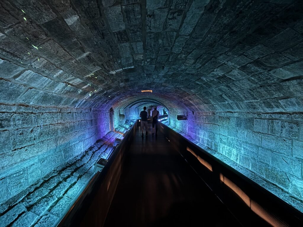 Colorfully lit stone tunnel that was once part of Montreal’s first sewer system, now open to visitors.