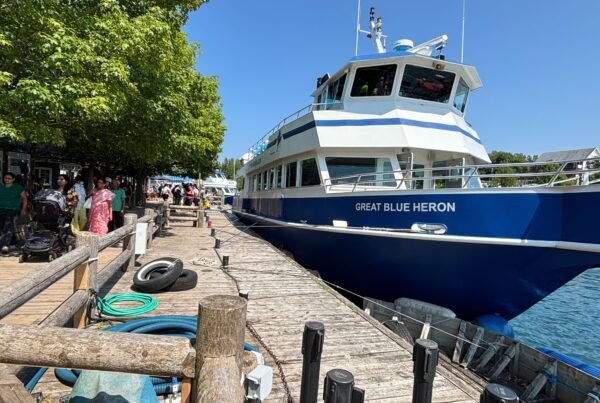 Great Blue Heron sightseeing boat docked at Tobermory harbour with visitors walking along the wooden pier.