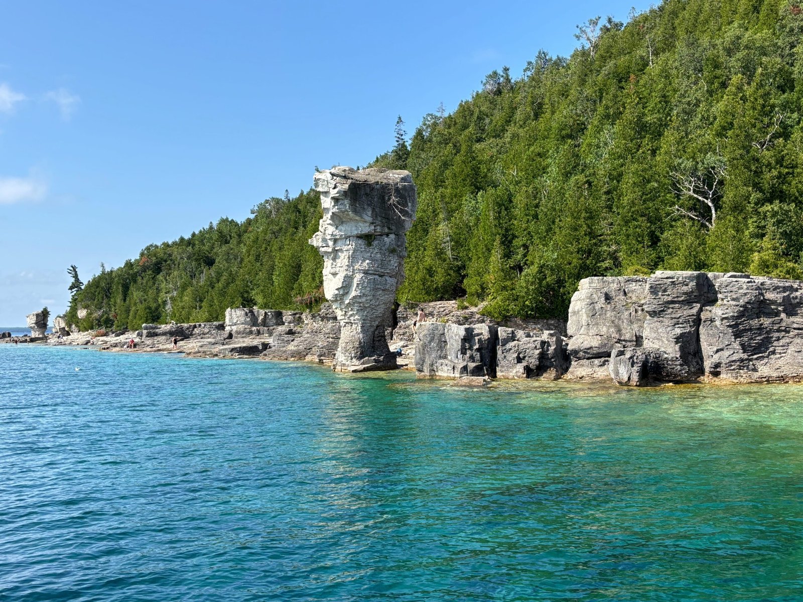 Tall stone flowerpot-shaped sea stack rising from the rocky shoreline of Flowerpot Island, surrounded by turquoise waters and green forest.