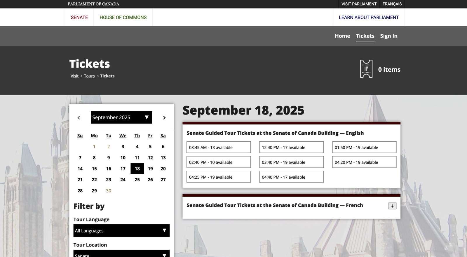 How to book canada senate guided tour