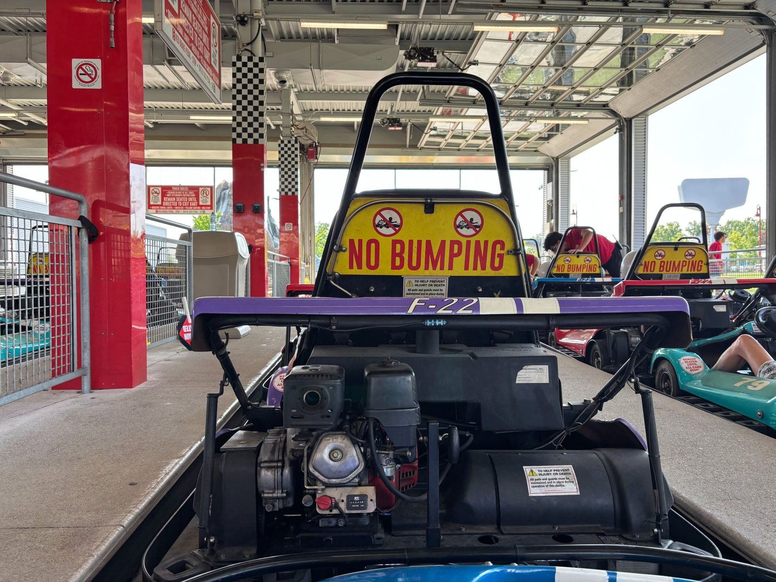 Close-up of a go-kart with a “No Bumping” sign on the back at Niagara Speedway.